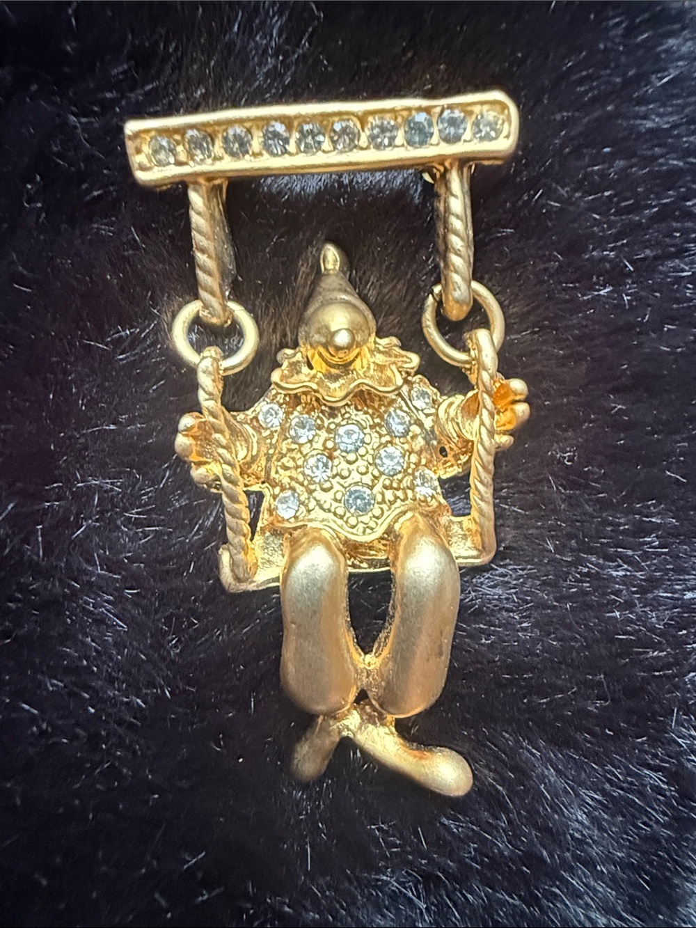 Gold-tone Jeweled Clown Brooch on Articulating Swing